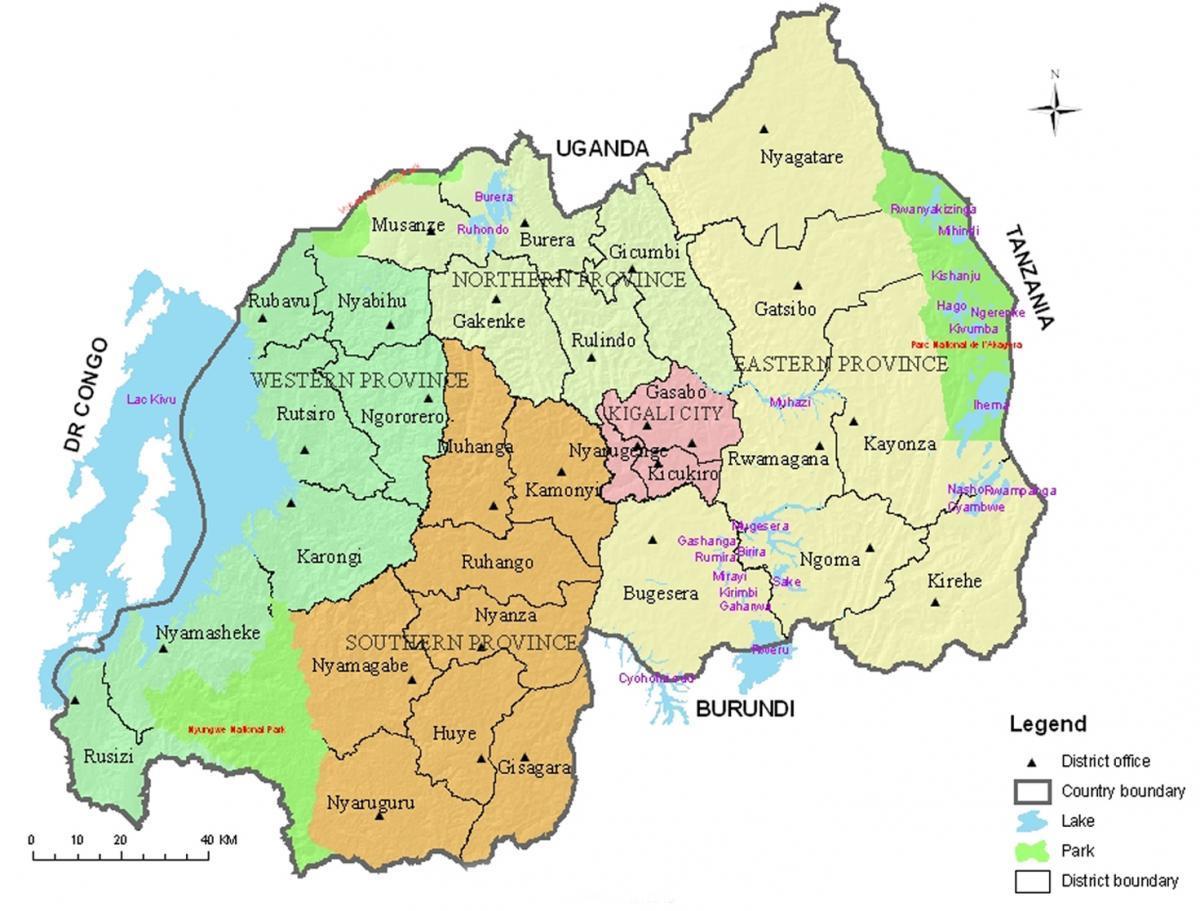 карта на Руанда с региони и сектори
